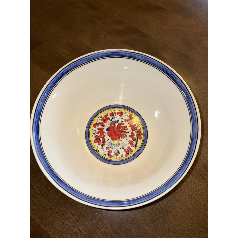 Vintage Made in Portugal Ceramic Blue Red Rooster Serving Bowl‎ Farmhouse 9